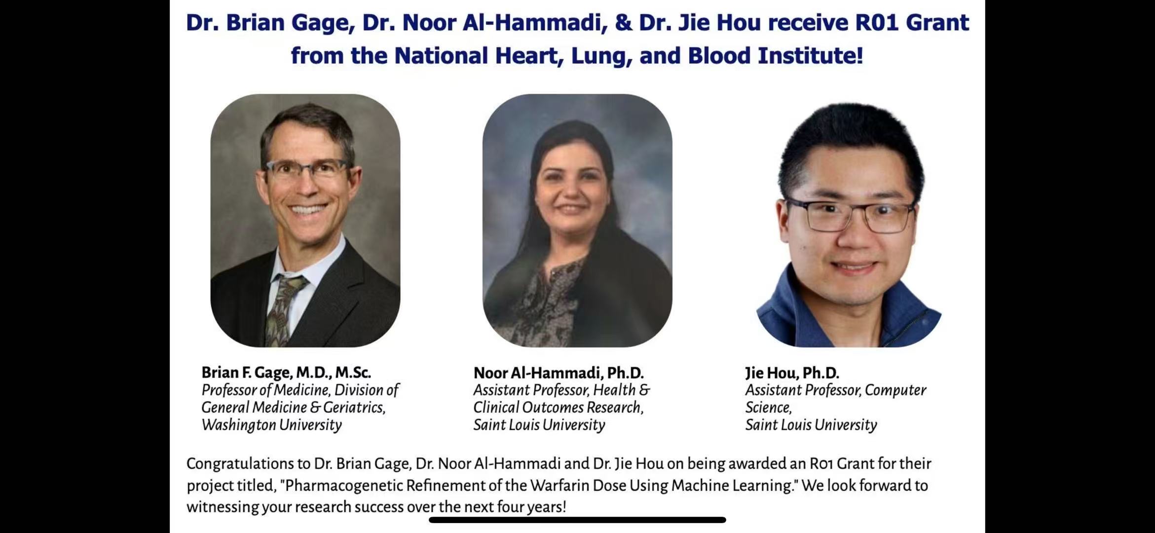 Dr. Brian Gage, Dr. Noor Al-Hammadi, and Dr. Jie Hou receive an NIH/NHLBI R01 grant (2024)