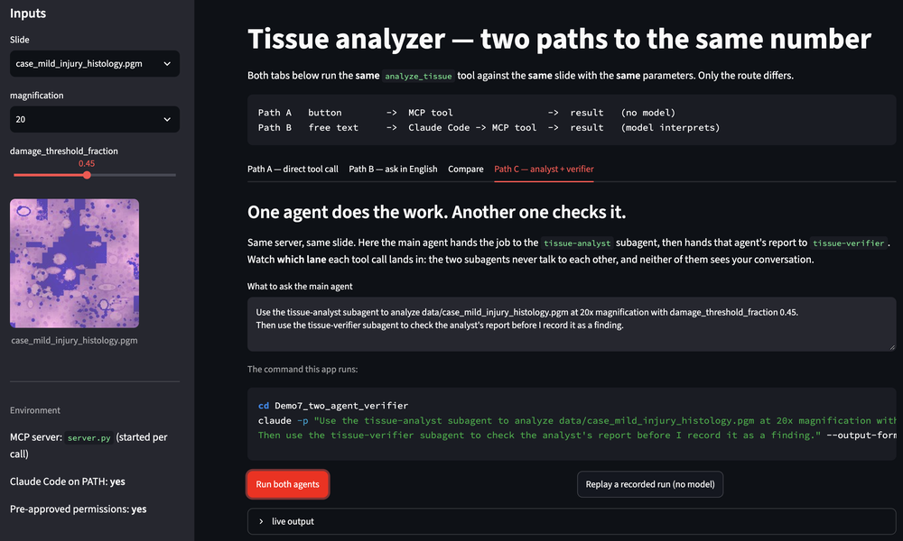 The Demo 7 app with the Path C tab open: the sidebar shows the slide, magnification and threshold controls and a slide preview; the main panel shows the request naming both subagents, the claude -p command the app will run, and the Run both agents and Replay buttons.